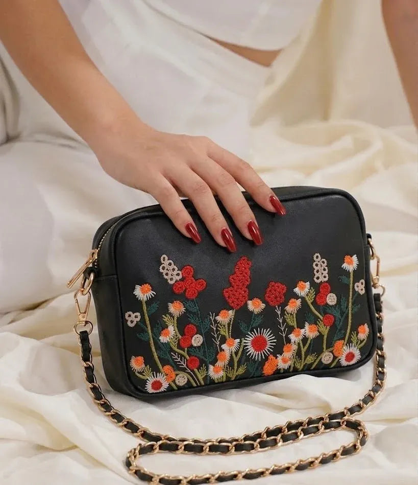 Floral Embroidered Chain Shoulder Bag for Women