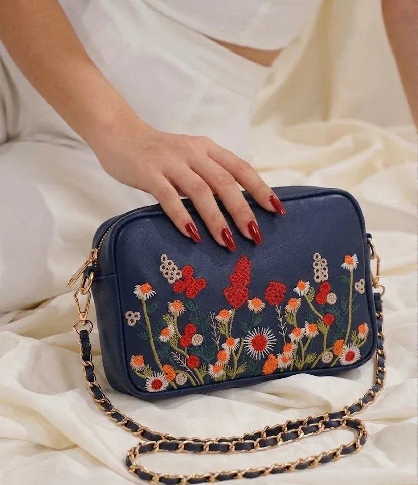 Floral Embroidered Chain Shoulder Bag for Women