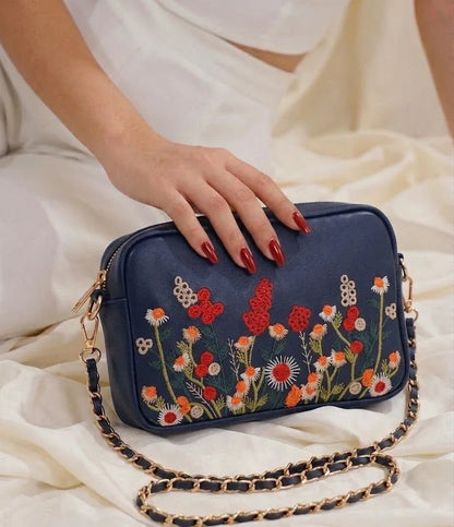 Floral Embroidered Chain Shoulder Bag for Women
